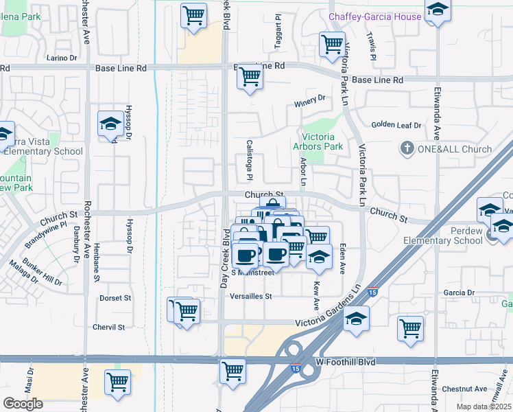 map of restaurants, bars, coffee shops, grocery stores, and more near 12356 Hollyhock Drive in Rancho Cucamonga