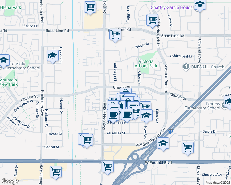 map of restaurants, bars, coffee shops, grocery stores, and more near 12356 Hollyhock Drive in Rancho Cucamonga