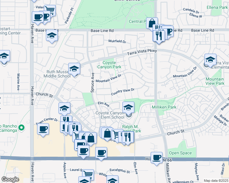 map of restaurants, bars, coffee shops, grocery stores, and more near 11054 Country View Drive in Rancho Cucamonga