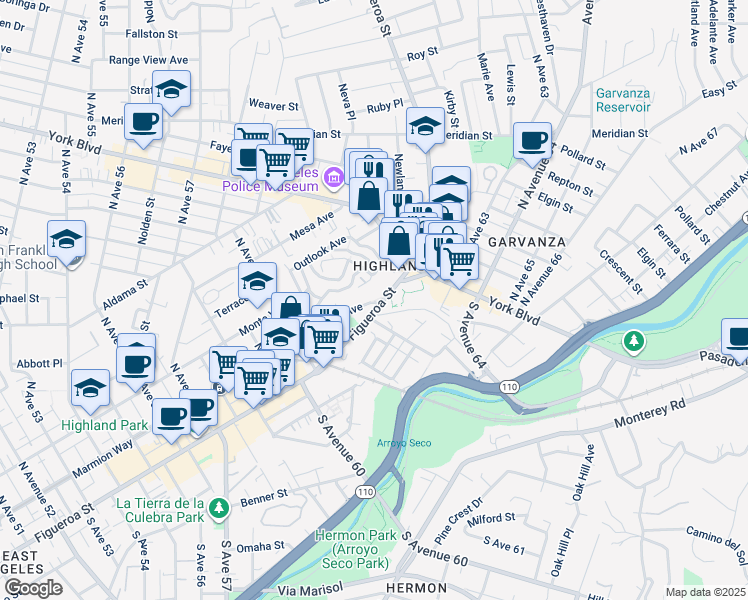 map of restaurants, bars, coffee shops, grocery stores, and more near 6149 Piedmont Avenue in Los Angeles