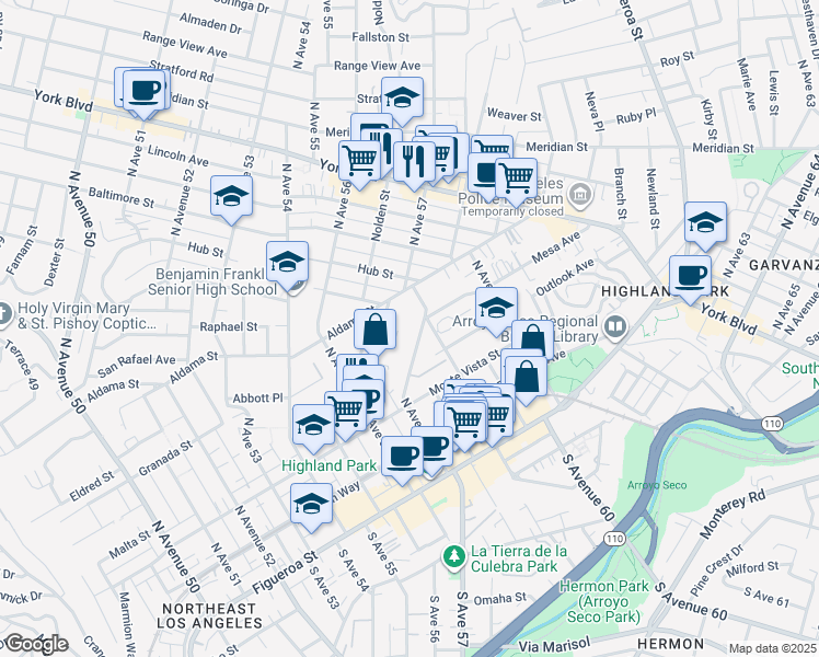 map of restaurants, bars, coffee shops, grocery stores, and more near 400 North Avenue 57 in Los Angeles