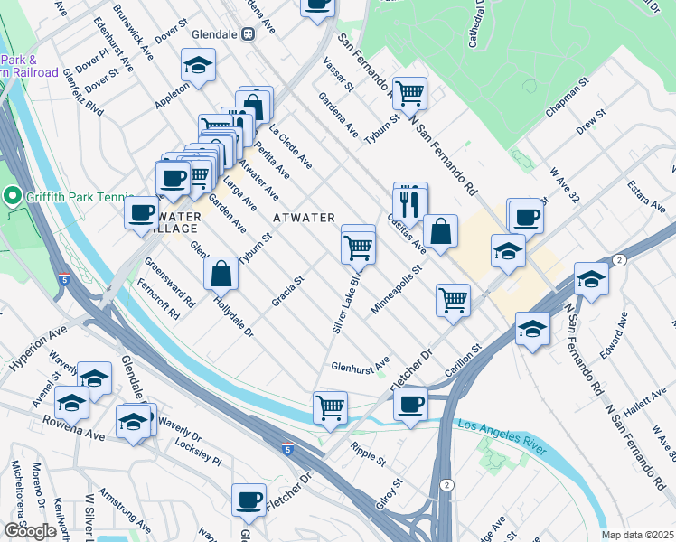 map of restaurants, bars, coffee shops, grocery stores, and more near 3210 Gracia Street in Los Angeles