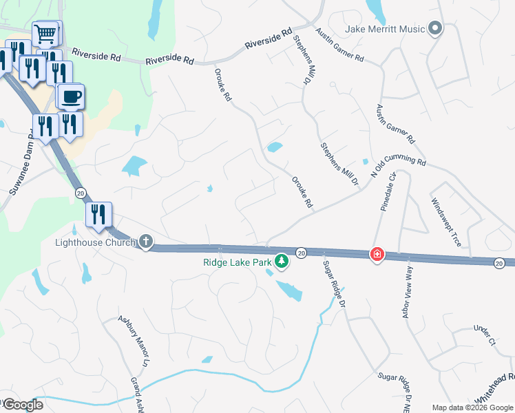 map of restaurants, bars, coffee shops, grocery stores, and more near 679 Avonley Creek Trace in Sugar Hill