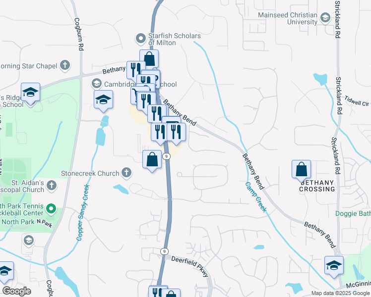 map of restaurants, bars, coffee shops, grocery stores, and more near 1095 South Bethany Creek Drive in Alpharetta