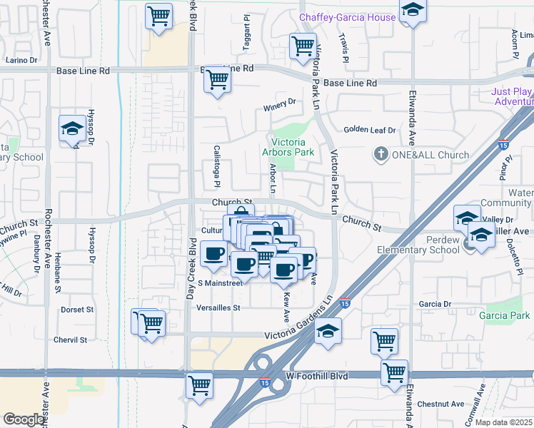 map of restaurants, bars, coffee shops, grocery stores, and more near 7665 Creole Place in Rancho Cucamonga