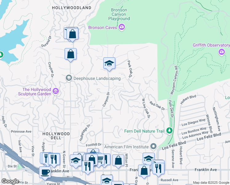 map of restaurants, bars, coffee shops, grocery stores, and more near 5758 Tuxedo Terrace in Los Angeles