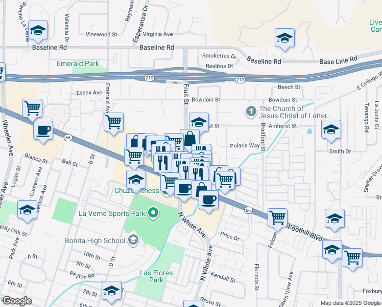 map of restaurants, bars, coffee shops, grocery stores, and more near 3700 Verdana Circle in La Verne