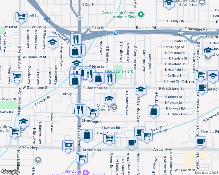 map of restaurants, bars, coffee shops, grocery stores, and more near 475 East Gladstone Street in Azusa