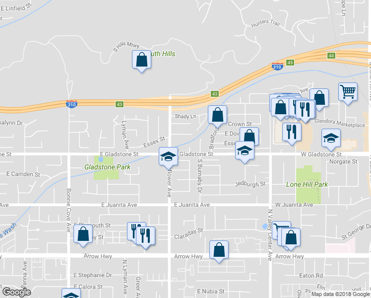 map of restaurants, bars, coffee shops, grocery stores, and more near 1341 Candish Avenue in Glendora