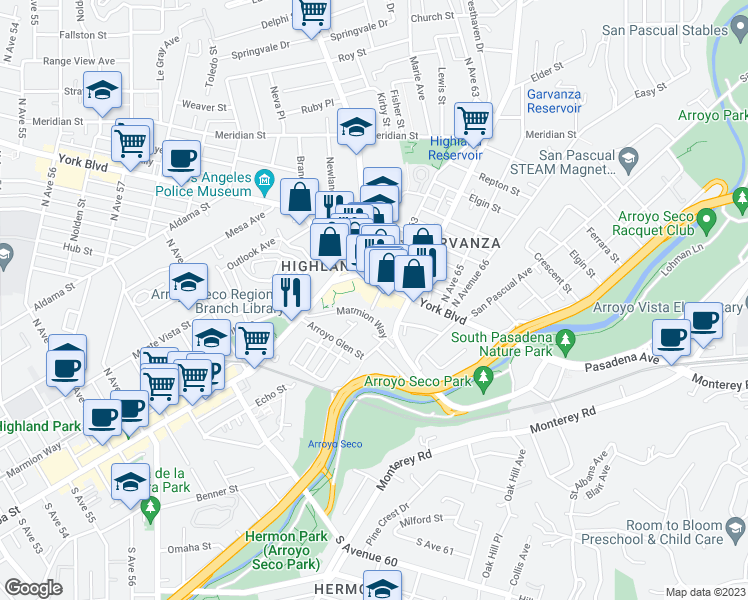 map of restaurants, bars, coffee shops, grocery stores, and more near 115 3/4 South Avenue 63 in Los Angeles