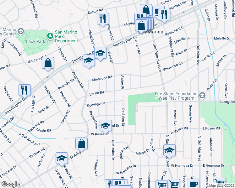 map of restaurants, bars, coffee shops, grocery stores, and more near 1880 Lorain Road in San Marino
