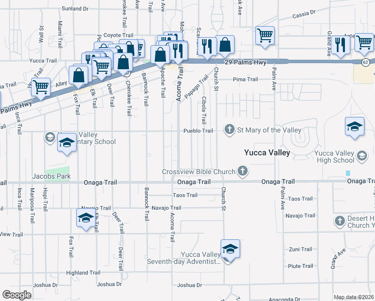 map of restaurants, bars, coffee shops, grocery stores, and more near 7576 Borrego Trail in Yucca Valley