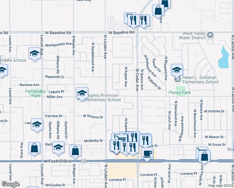 map of restaurants, bars, coffee shops, grocery stores, and more near 1413 West Wedgewood Street in Rialto