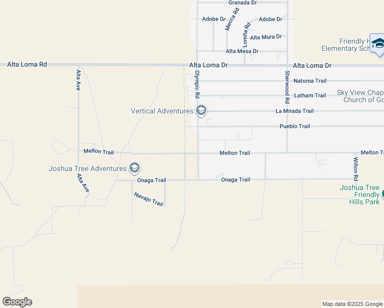 map of restaurants, bars, coffee shops, grocery stores, and more near 7608 Olympic Road in Joshua Tree