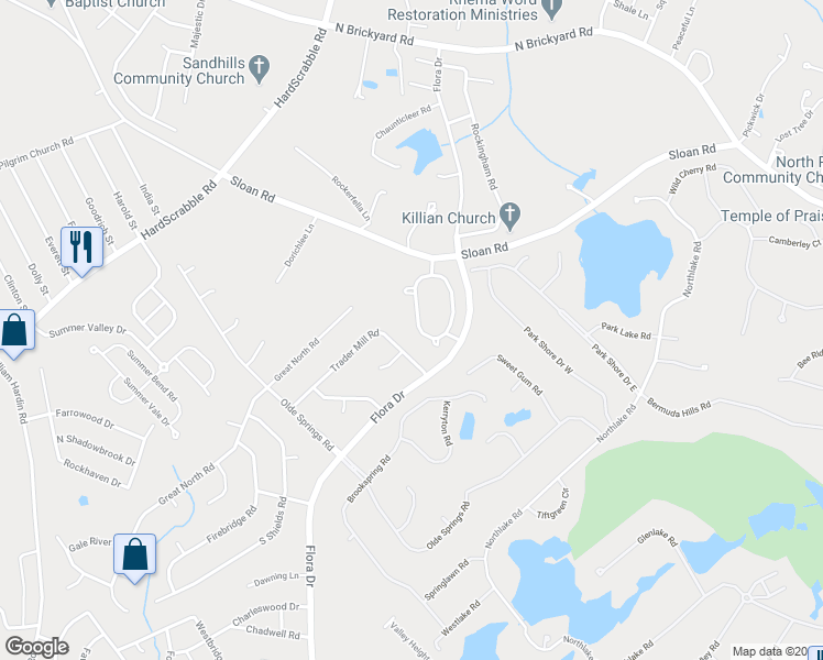 map of restaurants, bars, coffee shops, grocery stores, and more near 201 Flora Springs Circle in Columbia
