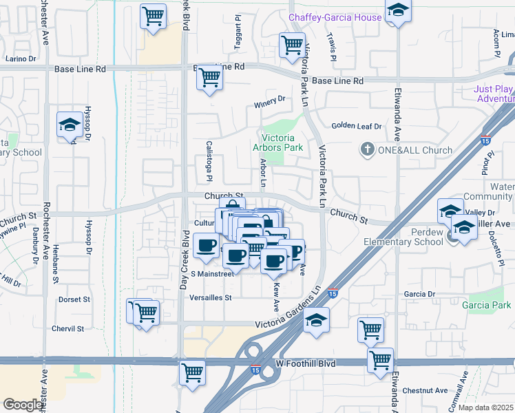 map of restaurants, bars, coffee shops, grocery stores, and more near 7665 Creole Place in Rancho Cucamonga