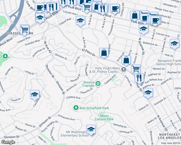 map of restaurants, bars, coffee shops, grocery stores, and more near 4621 Palmero Drive in Los Angeles