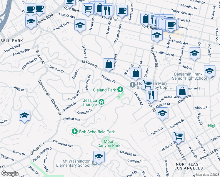 map of restaurants, bars, coffee shops, grocery stores, and more near 4829 Nob Hill Drive in Los Angeles