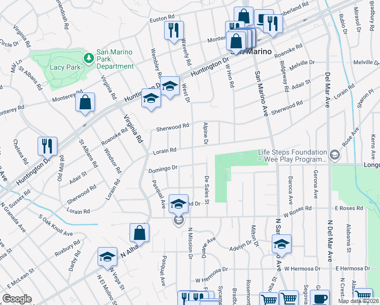 map of restaurants, bars, coffee shops, grocery stores, and more near 1880 Lorain Road in San Marino