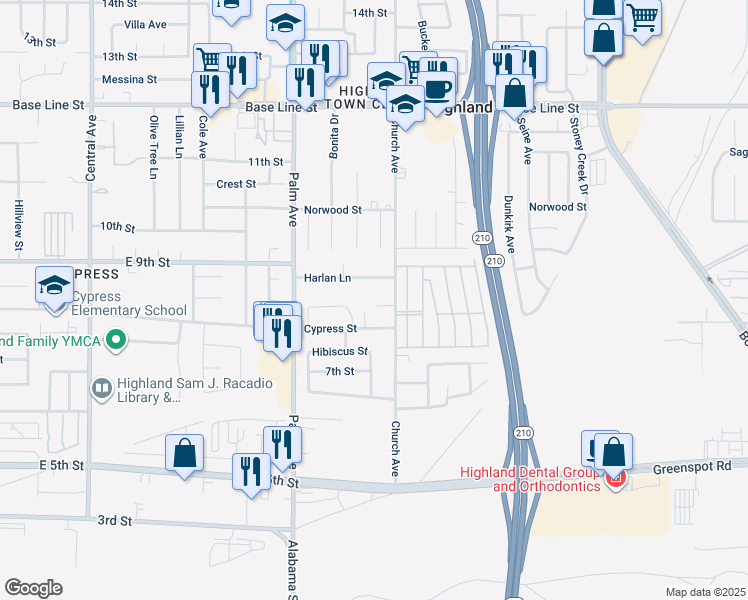 map of restaurants, bars, coffee shops, grocery stores, and more near 27456 Silverberry Drive in Highland