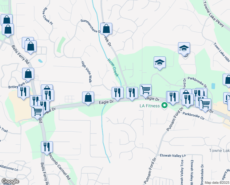 map of restaurants, bars, coffee shops, grocery stores, and more near 1009 Wellesley Crest Drive in Woodstock