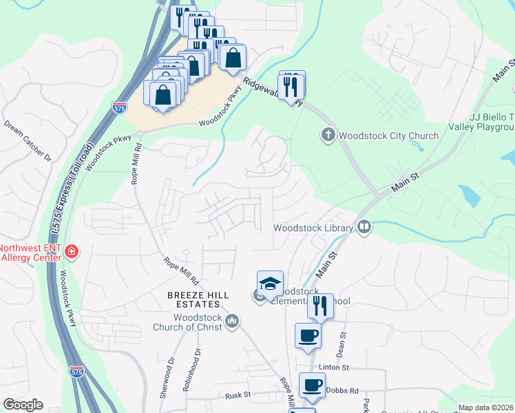 map of restaurants, bars, coffee shops, grocery stores, and more near 320 Antebellum Place in Woodstock