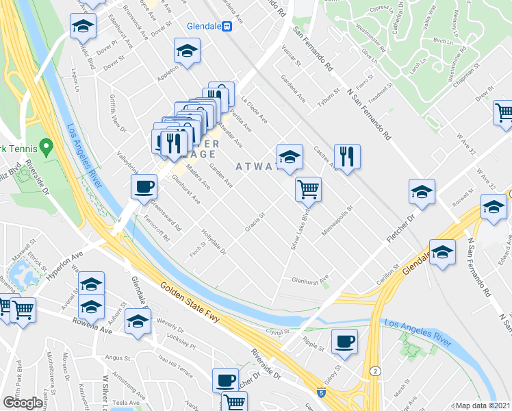 map of restaurants, bars, coffee shops, grocery stores, and more near 3317 Garden Avenue in Los Angeles