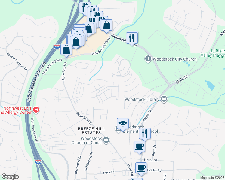 map of restaurants, bars, coffee shops, grocery stores, and more near 501 Blossom Way in Woodstock