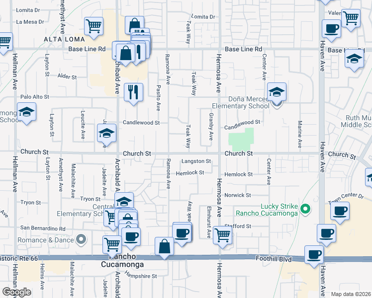 map of restaurants, bars, coffee shops, grocery stores, and more near 9967 Yew Court in Rancho Cucamonga