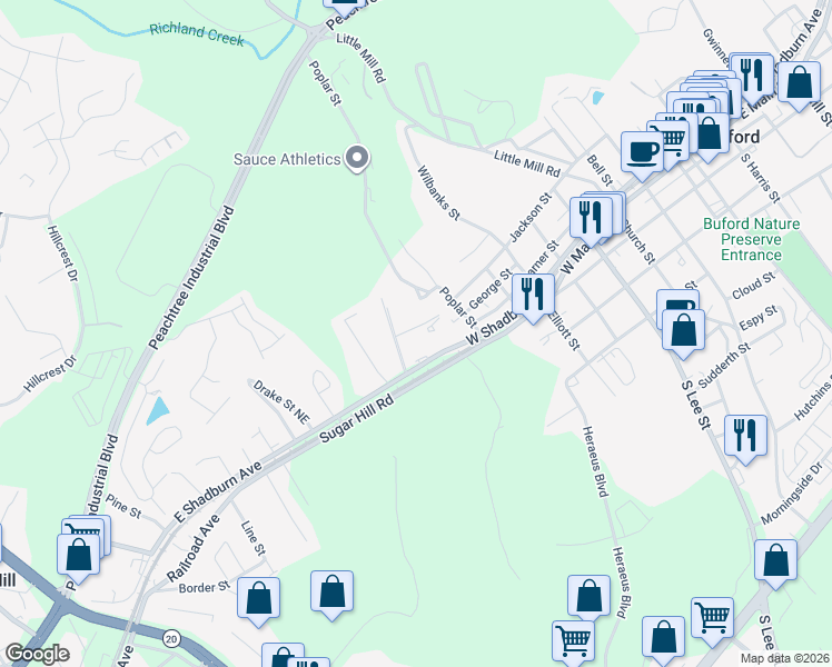 map of restaurants, bars, coffee shops, grocery stores, and more near 810 Jackson Street in Buford