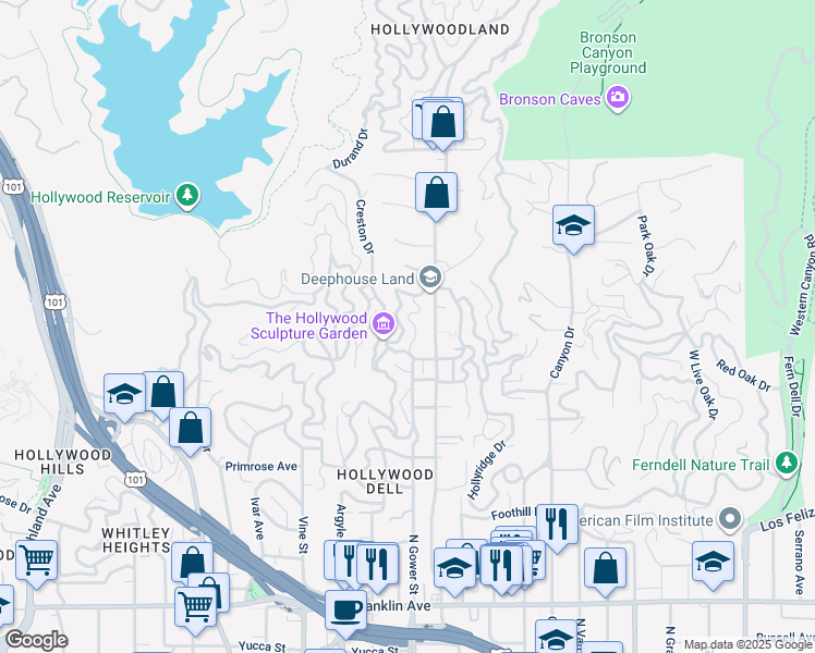 map of restaurants, bars, coffee shops, grocery stores, and more near 2528 Dearborn Drive in Los Angeles