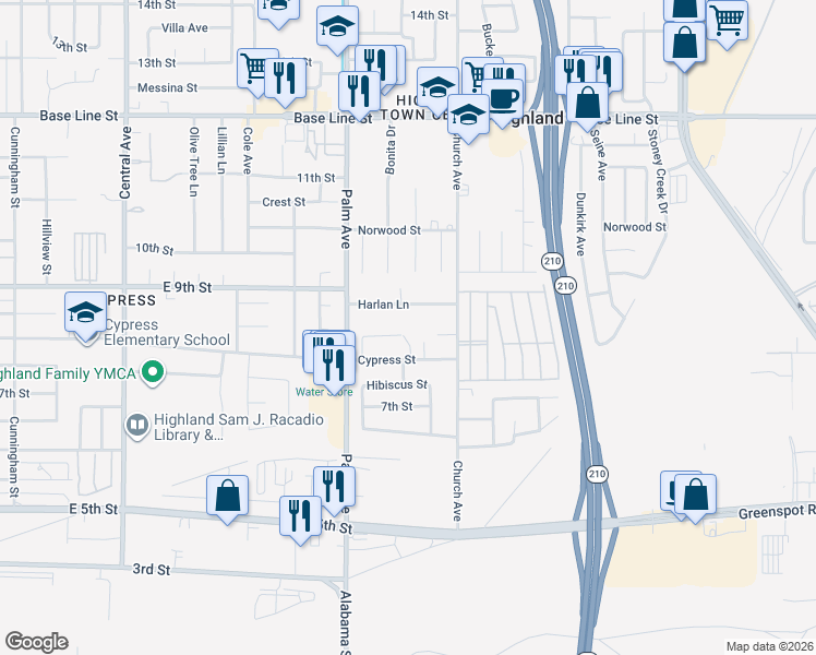 map of restaurants, bars, coffee shops, grocery stores, and more near 27394 Rustic Lane in Highland