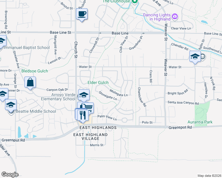 map of restaurants, bars, coffee shops, grocery stores, and more near 29154 Whitegate Lane in Highland