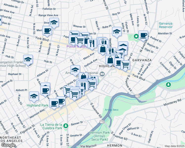 map of restaurants, bars, coffee shops, grocery stores, and more near 6154 Mount Angelus Drive in Los Angeles