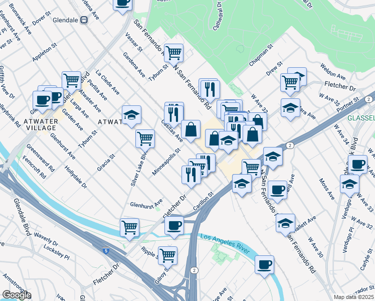 map of restaurants, bars, coffee shops, grocery stores, and more near 3176 Casitas Avenue in Los Angeles