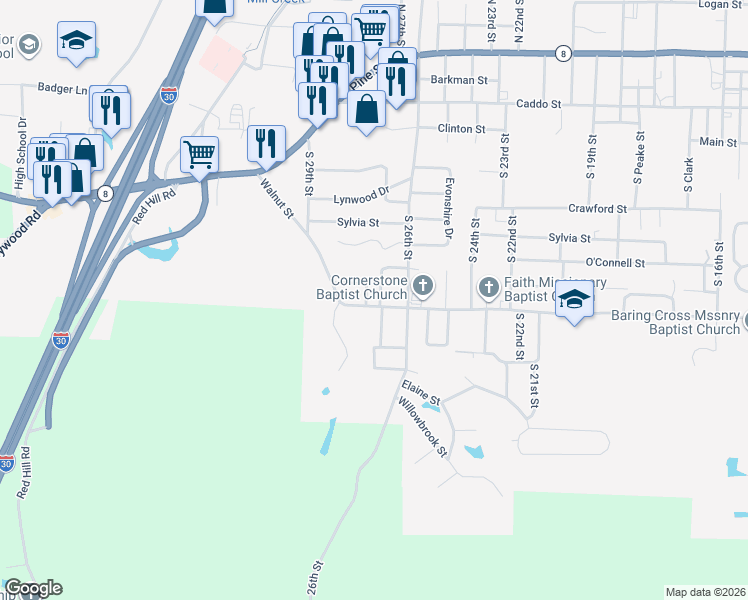 map of restaurants, bars, coffee shops, grocery stores, and more near 112 Leewood Drive in Arkadelphia
