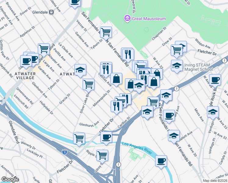 map of restaurants, bars, coffee shops, grocery stores, and more near 3176 Casitas Avenue in Los Angeles