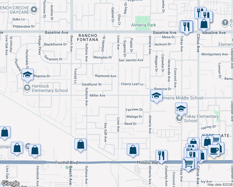 map of restaurants, bars, coffee shops, grocery stores, and more near 7698 Lime Avenue in Fontana