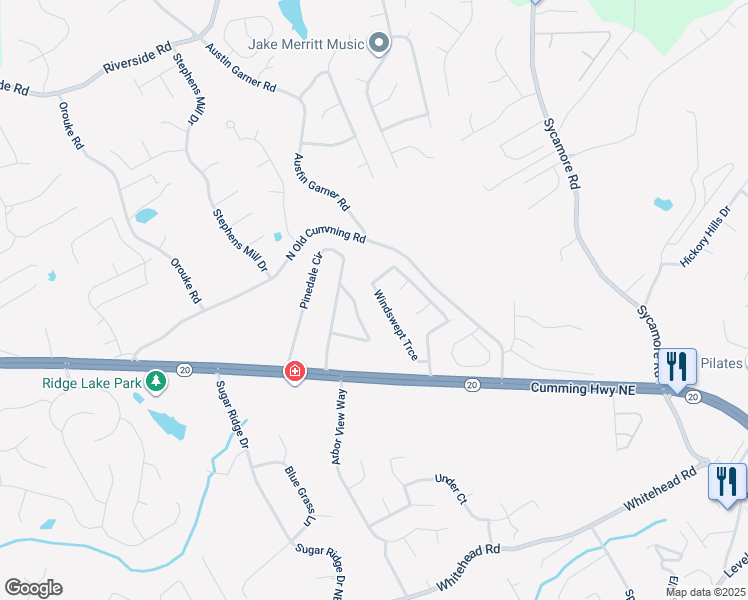 map of restaurants, bars, coffee shops, grocery stores, and more near 5470 Windswept Trace in Sugar Hill