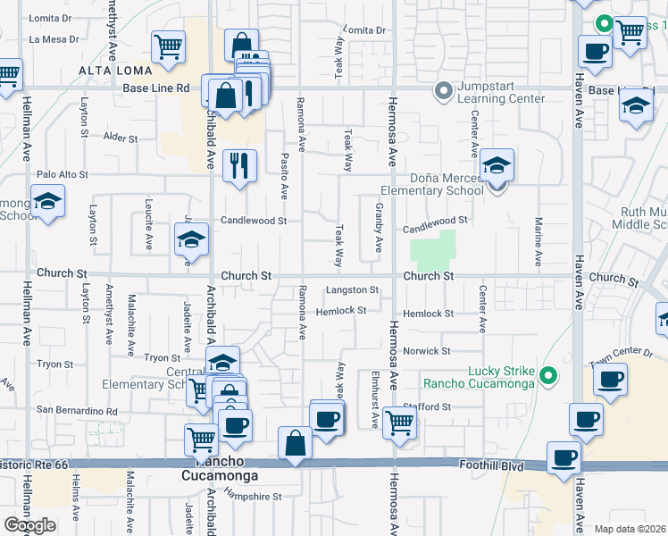 map of restaurants, bars, coffee shops, grocery stores, and more near 9967 Yew Court in Rancho Cucamonga