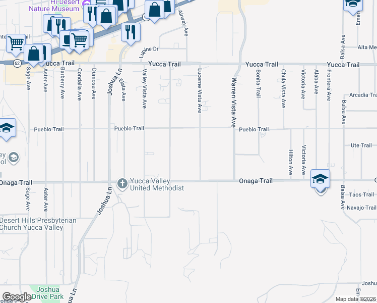 map of restaurants, bars, coffee shops, grocery stores, and more near 7576 Lucerne Vista Avenue in Yucca Valley