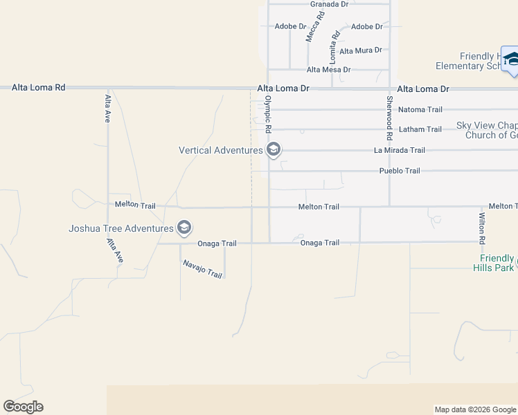map of restaurants, bars, coffee shops, grocery stores, and more near 7608 Olympic Road in Joshua Tree