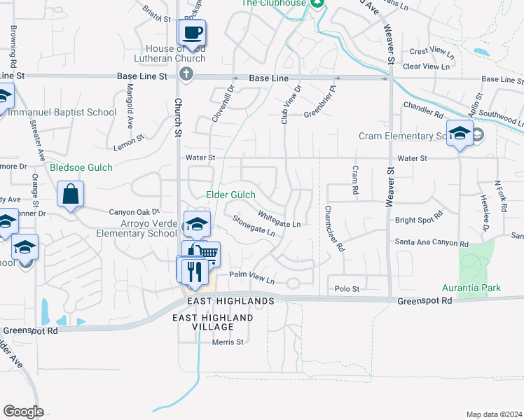 map of restaurants, bars, coffee shops, grocery stores, and more near 29154 Whitegate Lane in Highland