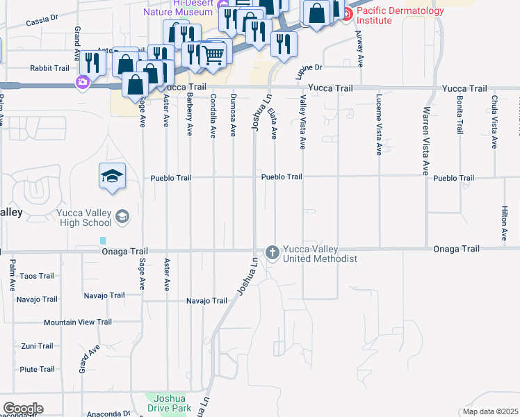 map of restaurants, bars, coffee shops, grocery stores, and more near 7585 Joshua Lane in Yucca Valley