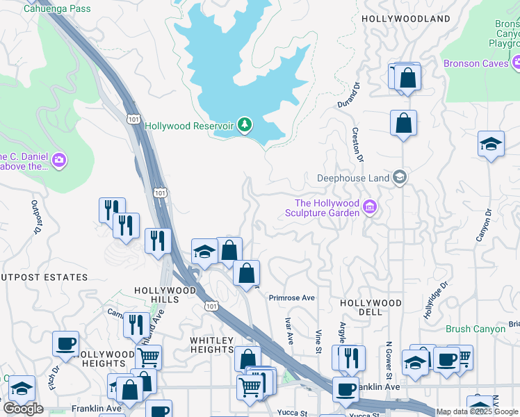 map of restaurants, bars, coffee shops, grocery stores, and more near 2354 Holly Drive in Los Angeles