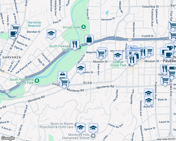 map of restaurants, bars, coffee shops, grocery stores, and more near 418 El Centro Street in South Pasadena