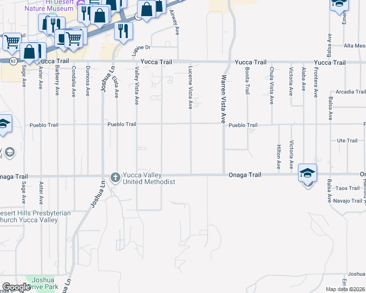 map of restaurants, bars, coffee shops, grocery stores, and more near 7576 Lucerne Vista Avenue in Yucca Valley