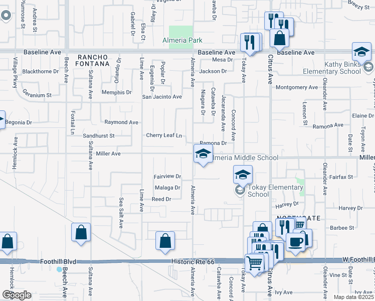 map of restaurants, bars, coffee shops, grocery stores, and more near 7667 Yellow Iris Court in Fontana