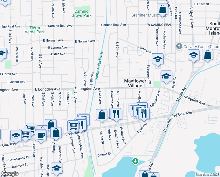 map of restaurants, bars, coffee shops, grocery stores, and more near E Longden Ave & Doolittle Ave in Mayflower Village