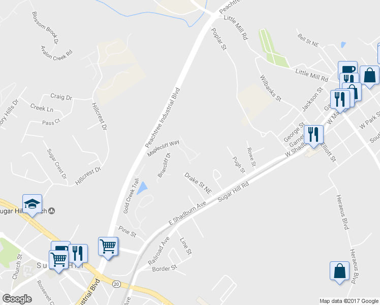 map of restaurants, bars, coffee shops, grocery stores, and more near 5010 Glencliff Drive in Sugar Hill